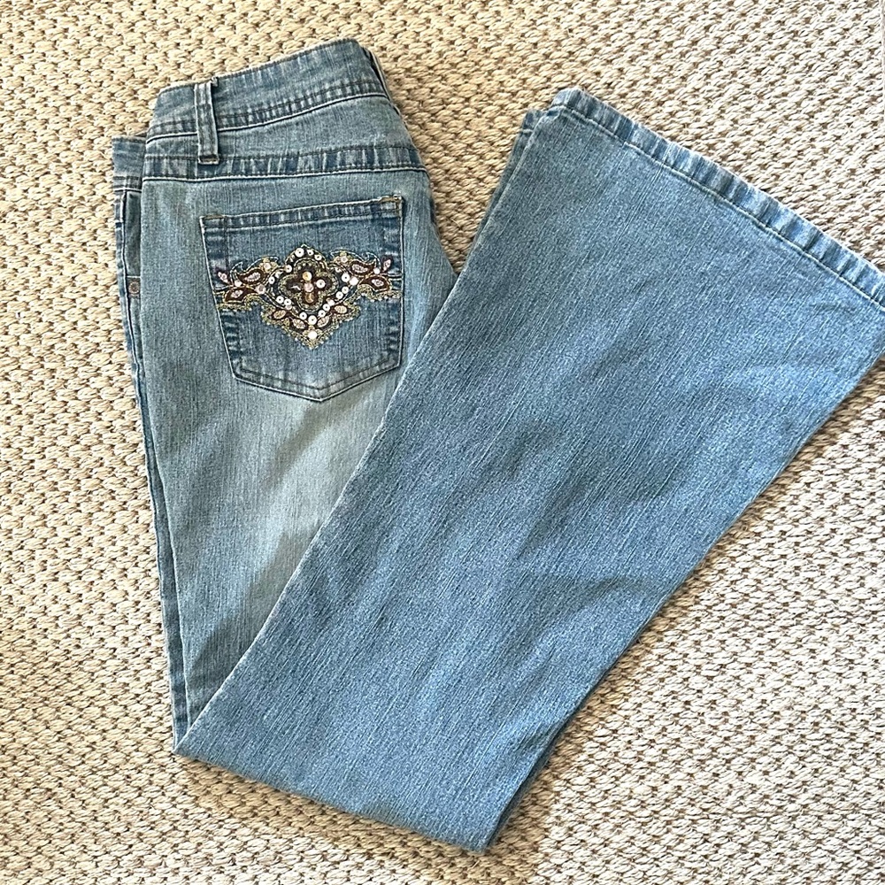 Embellished Blue Jeans Sequin Embroidered Flare Leg sz 10